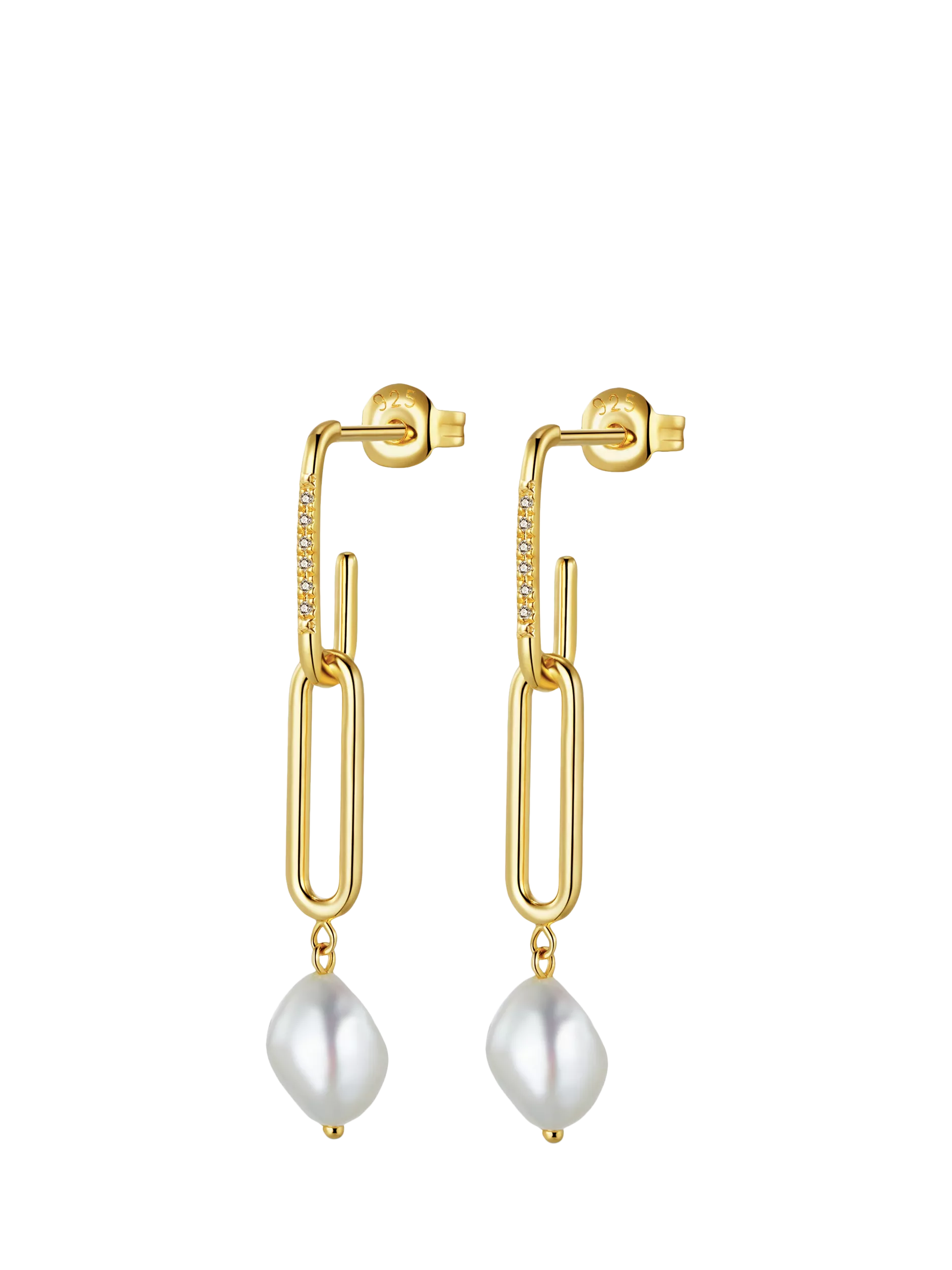 DPT pearl and diamond drop earrings gold 38mm, imported from the UK