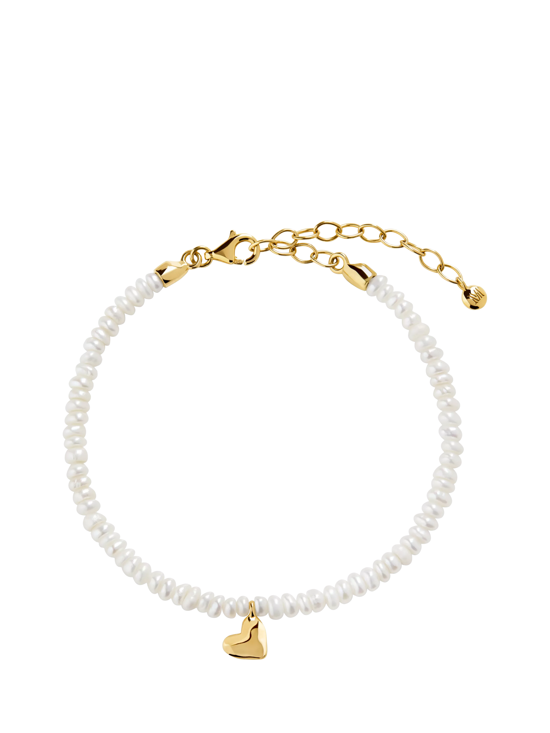 Monica Vinader Mini Heart Pearl Bracelet Gold, imported from the UK