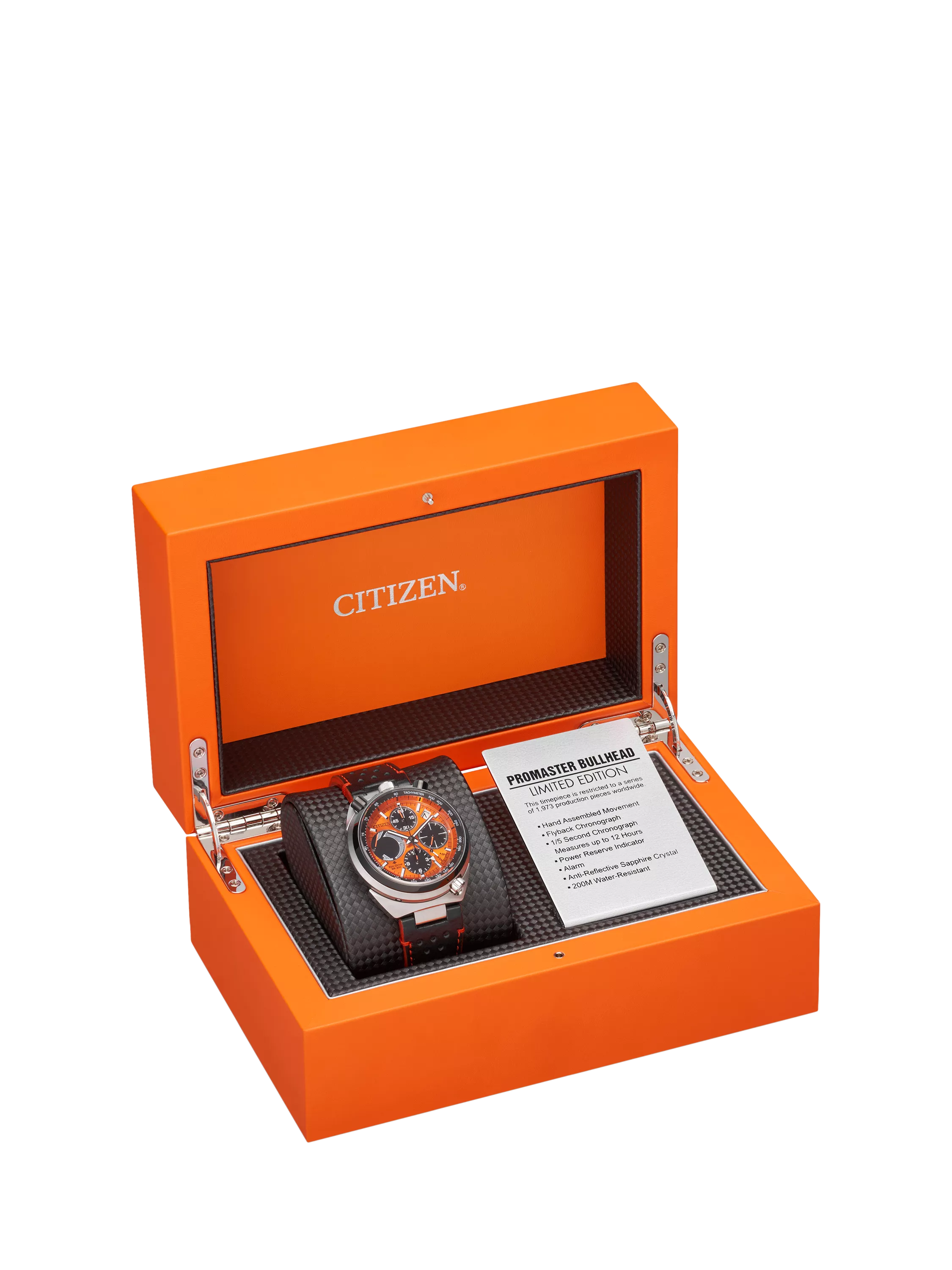 Citizen Bullhead racing chronograph watch with orange dial, UK version