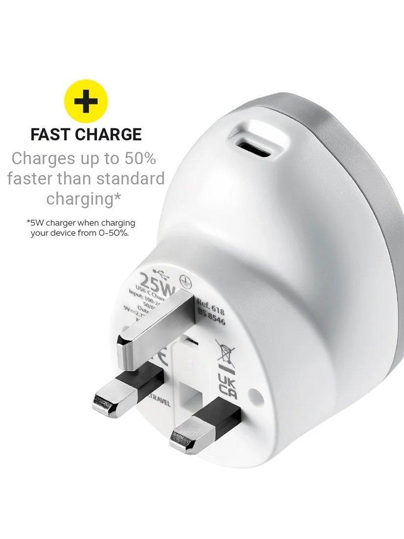 Go Travel 25W USB-C fast charge plug adaptor, imported from the UK