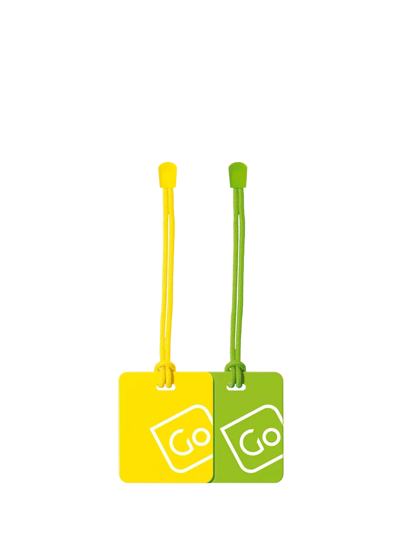 Go Travel luggage tags yellow green 2 pack, imported from the UK