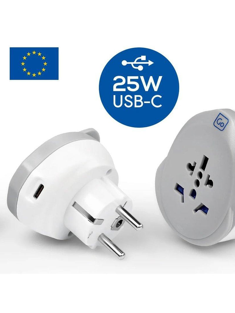 Go Travel EU plug adaptor 25W USB-C fast charge, UK version
