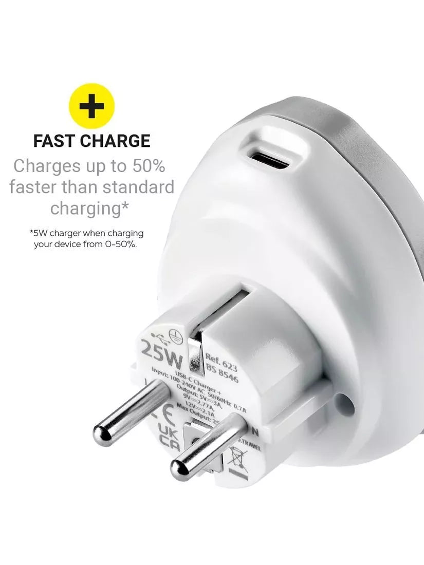 Go Travel EU plug adaptor 25W USB-C fast charge, UK version