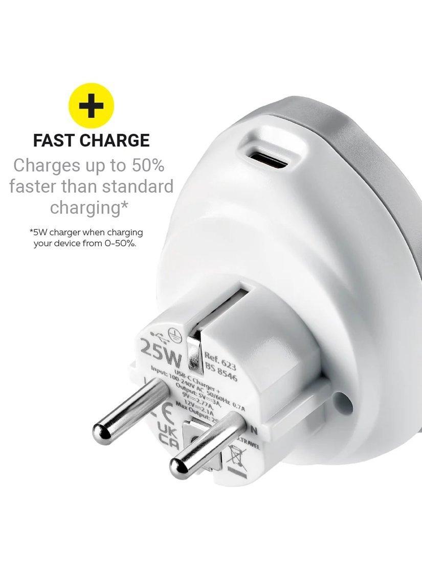 Go Travel EU plug adaptor 25W USB-C fast charge, UK version