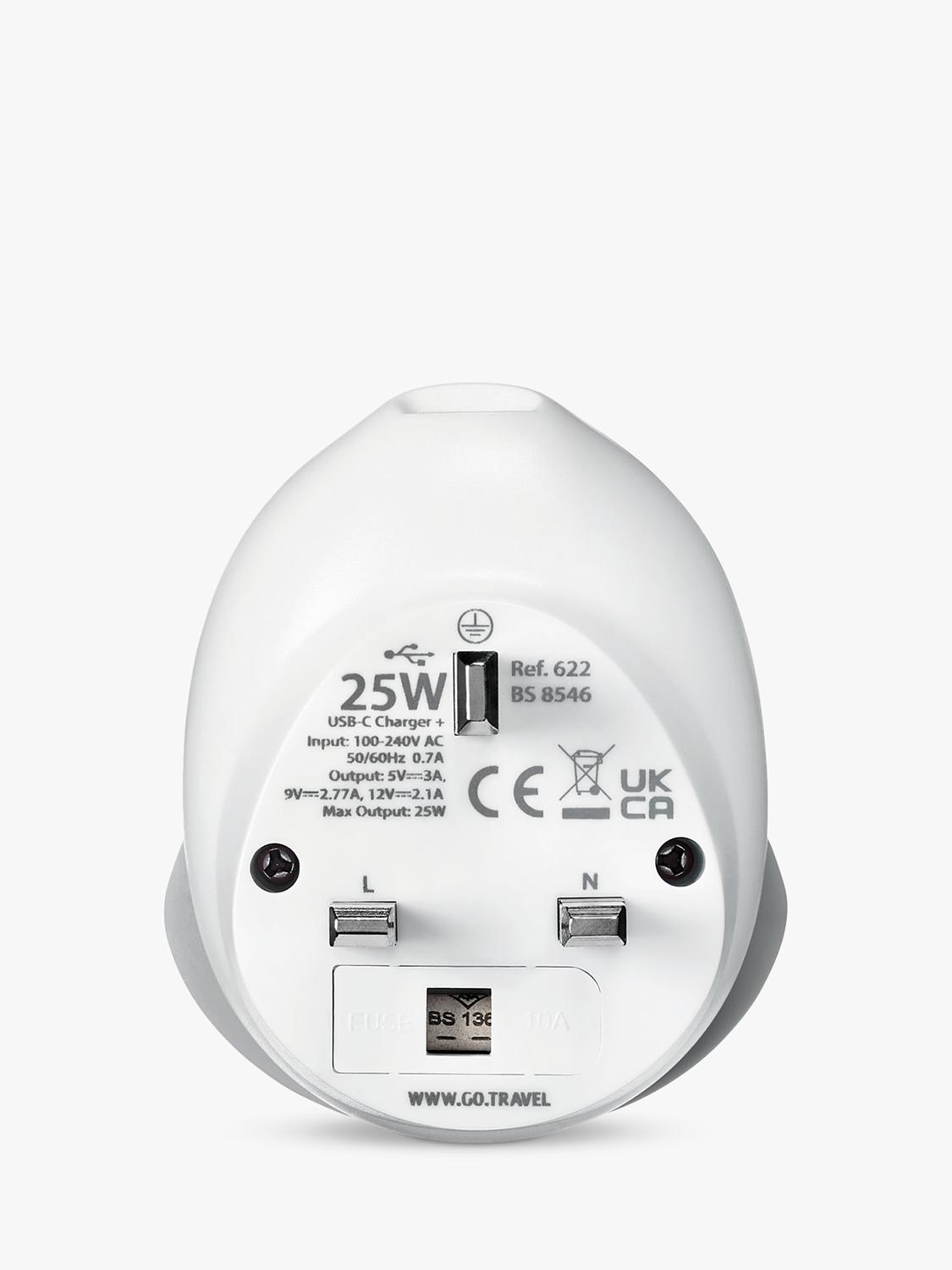 Go Travel plug adaptor worldwide to UK 25W USB-C, imported from the UK