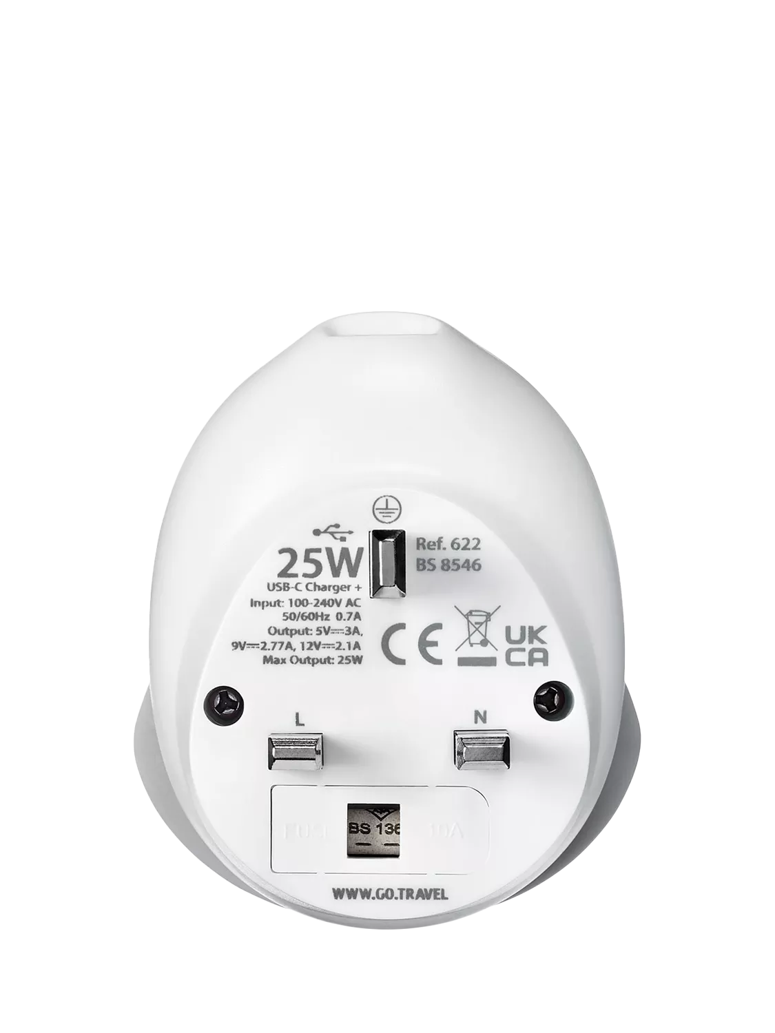 Go Travel plug adaptor worldwide to UK 25W USB-C, imported from the UK