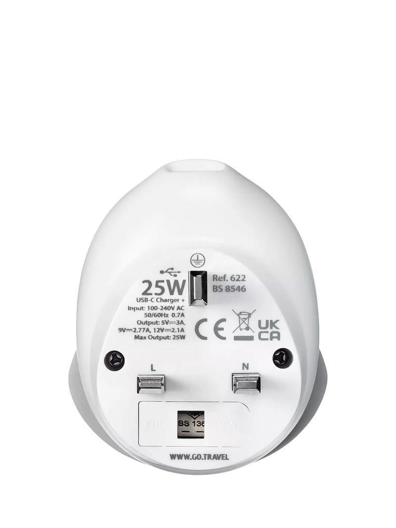 Go Travel plug adaptor worldwide to UK 25W USB-C, imported from the UK