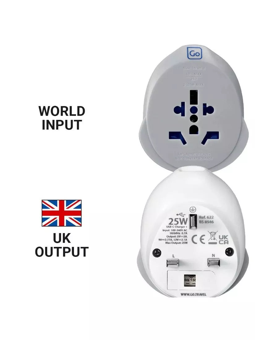 Go Travel plug adaptor worldwide to UK 25W USB-C, imported from the UK