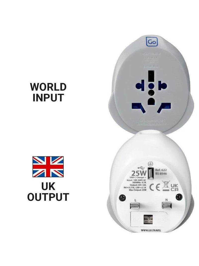 Go Travel plug adaptor worldwide to UK 25W USB-C, imported from the UK