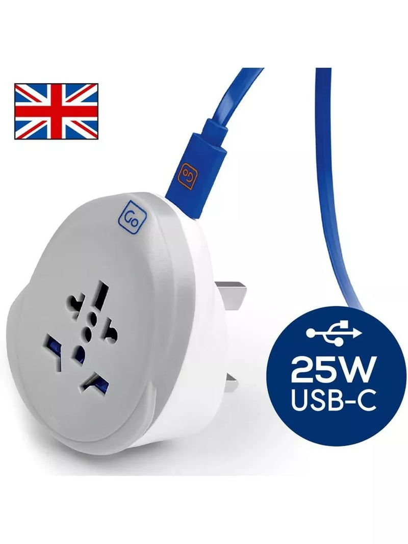 Go Travel plug adaptor worldwide to UK 25W USB-C, imported from the UK