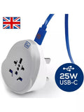 Go Travel plug adaptor worldwide to UK 25W USB-C, imported from the UK