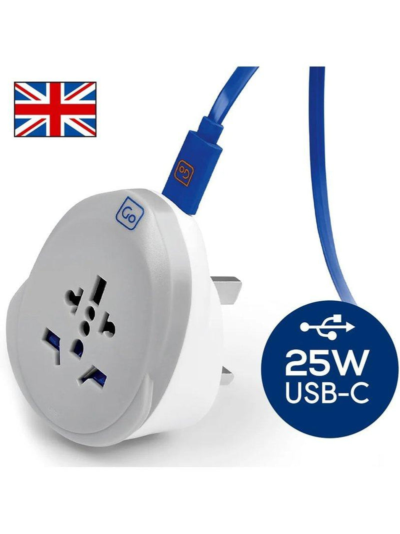 Go Travel plug adaptor worldwide to UK 25W USB-C, imported from the UK