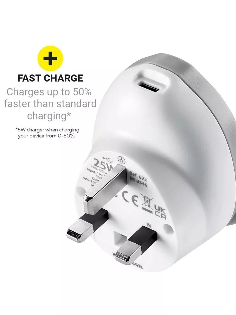 Go Travel plug adaptor worldwide to UK 25W USB-C, imported from the UK
