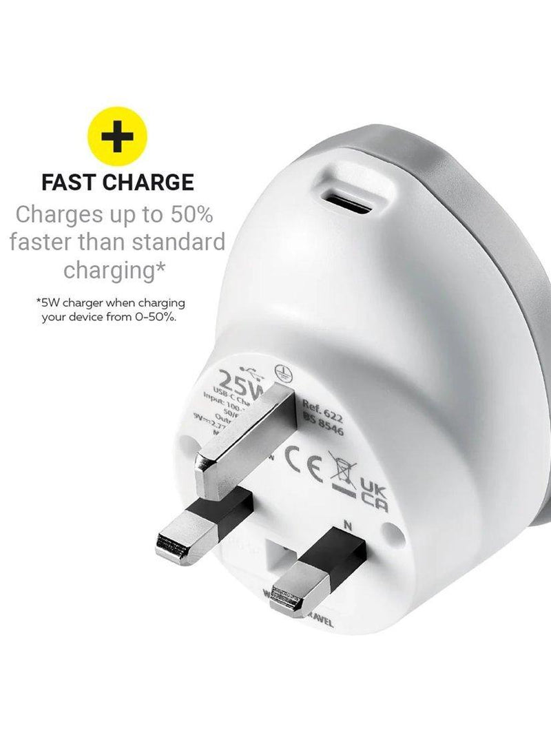 Go Travel plug adaptor worldwide to UK 25W USB-C, imported from the UK