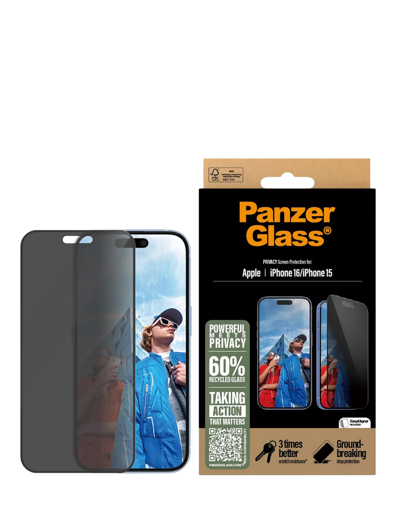 PanzerGlass privacy screen protector for iPhone 16/15 (British brand)