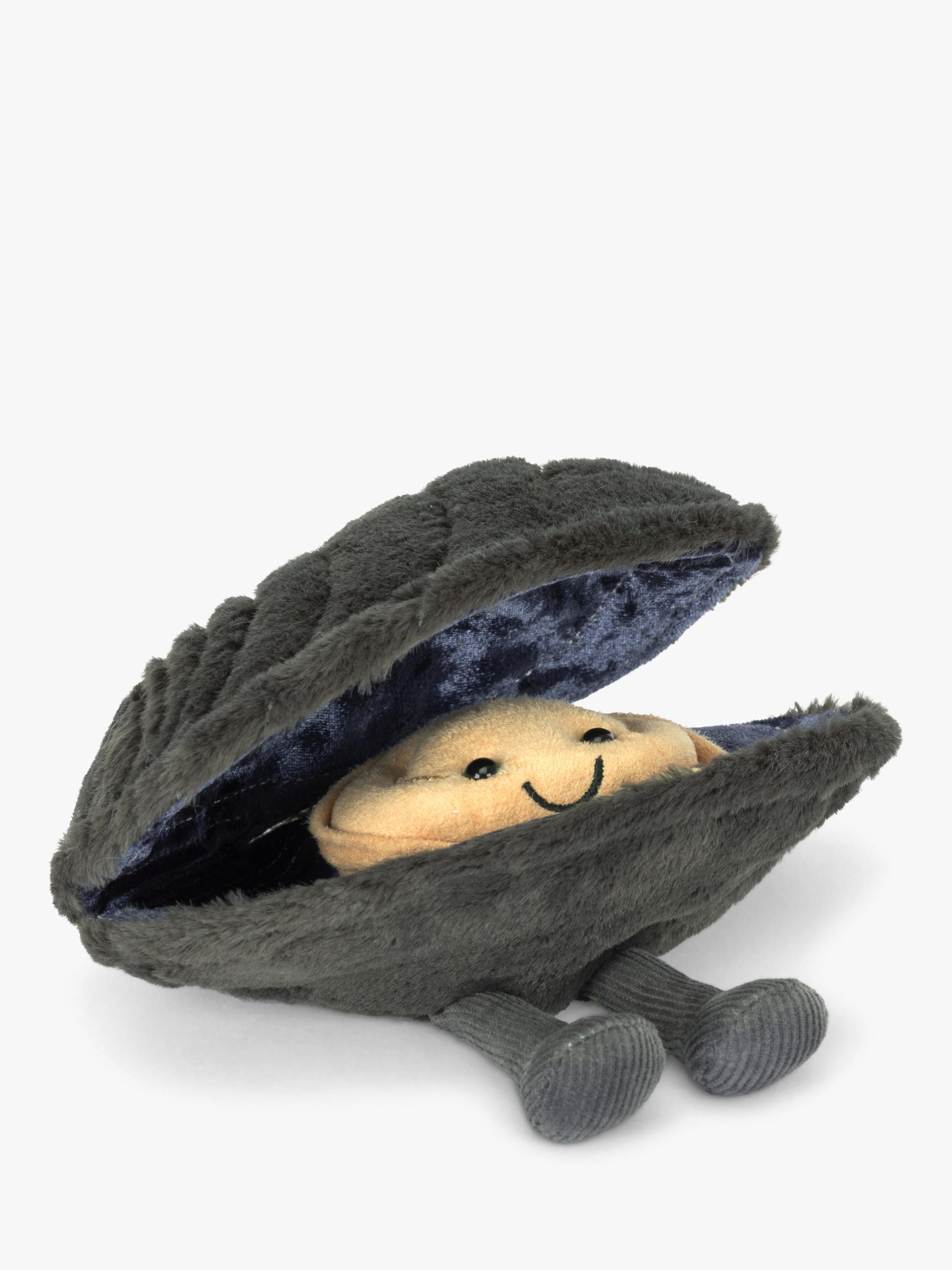 Mussel-Shaped Soft Toy with Charcoal Shell and Beige Suedette Body