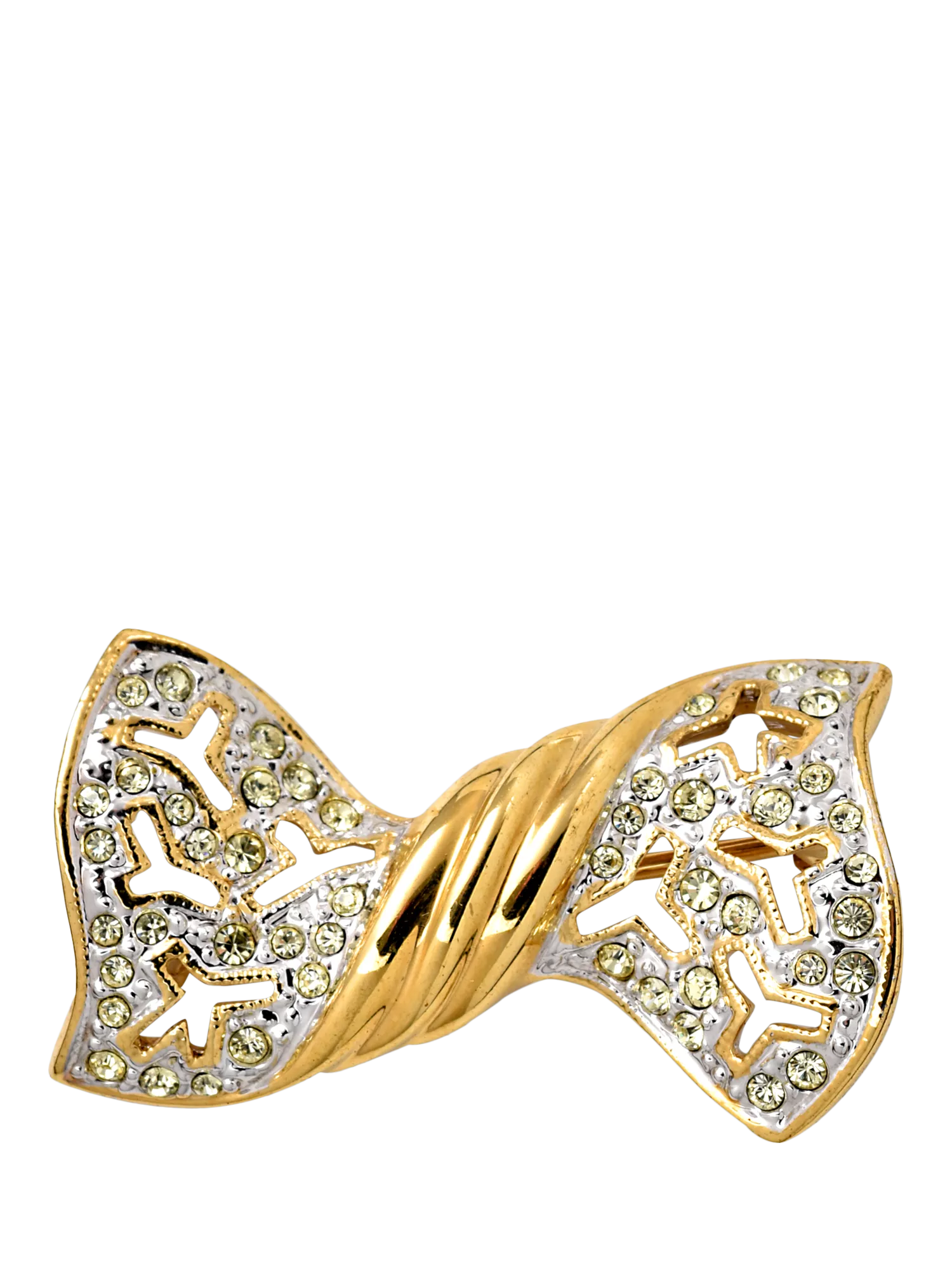 Eclectica bow brooch 22ct gold plate Swarovski crystals 2cm (British brand)