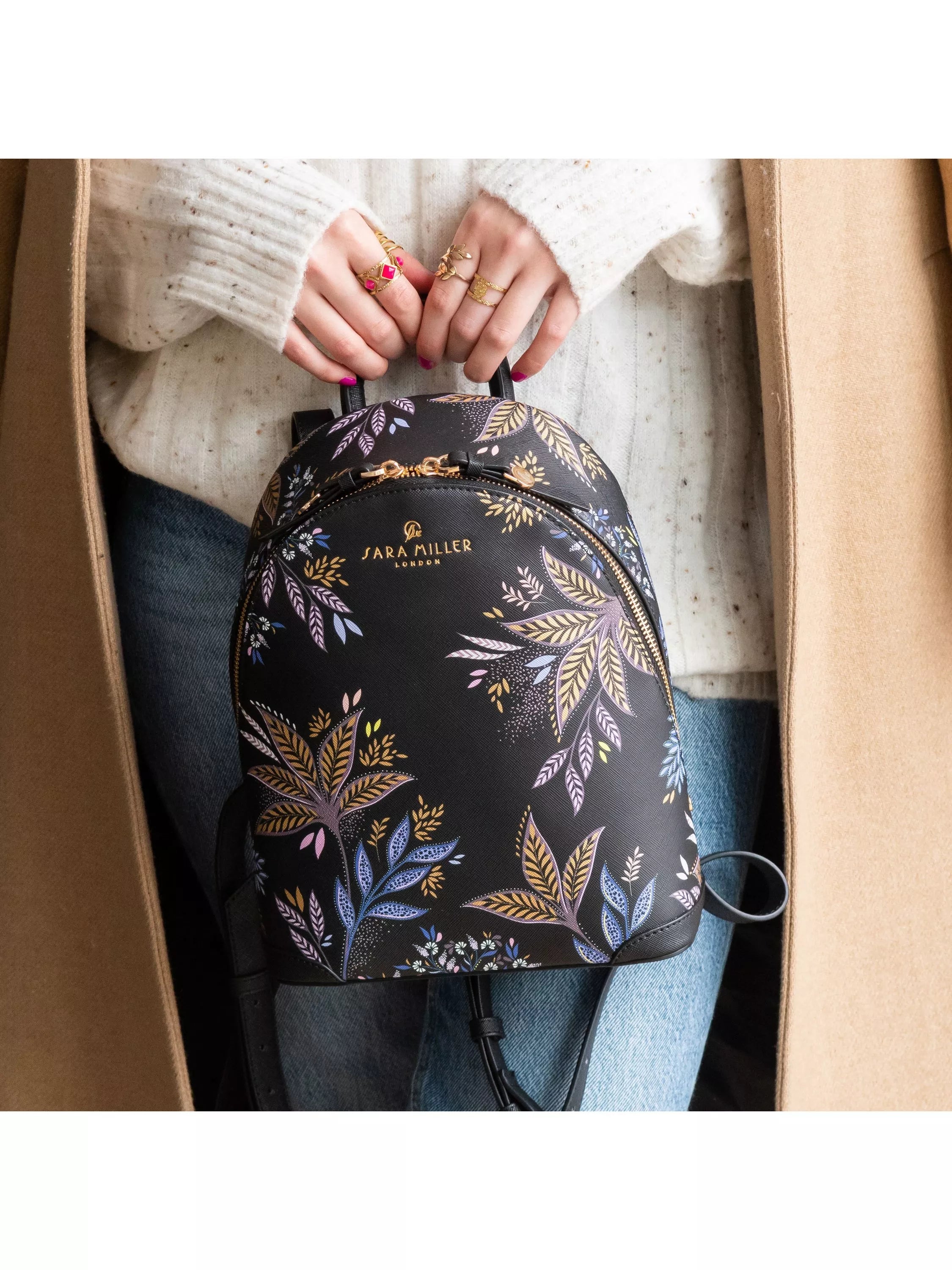 Sara Miller Black Botanic Mini Backpack polyurethane imported from the UK