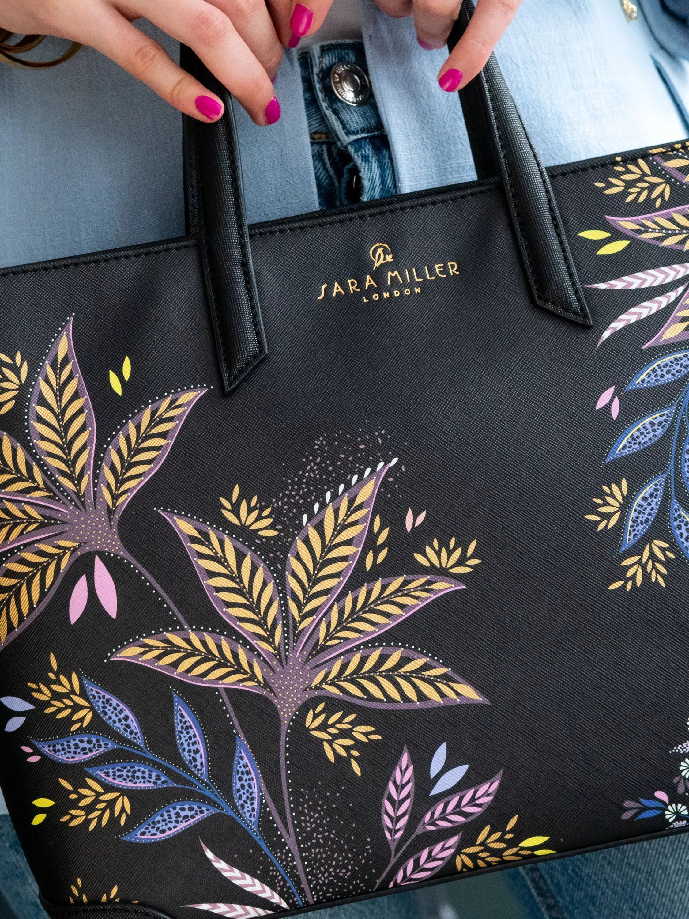Sara Miller black botanic print medium tote bag, imported from the UK
