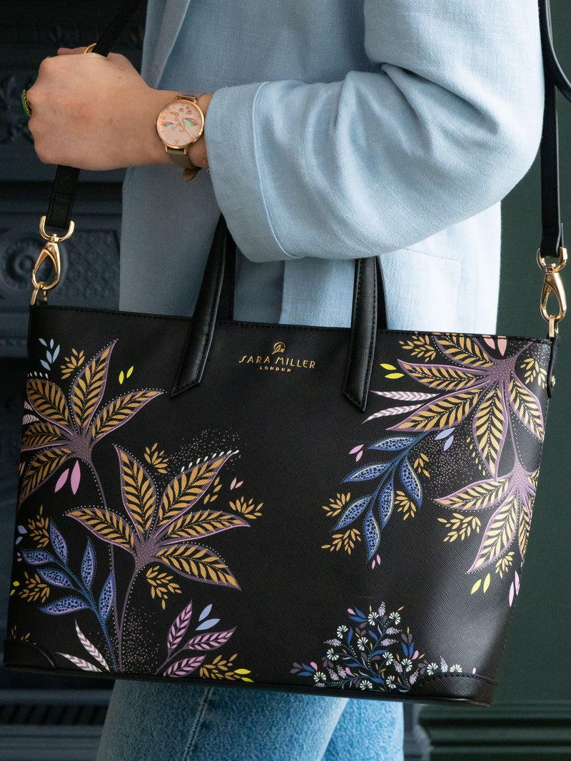 Sara Miller black botanic print medium tote bag, imported from the UK