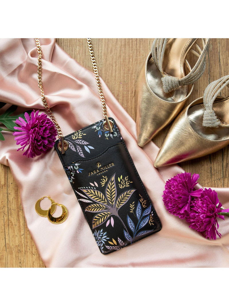 Sara Miller Black Botanic phone pouch with gold chain - British product