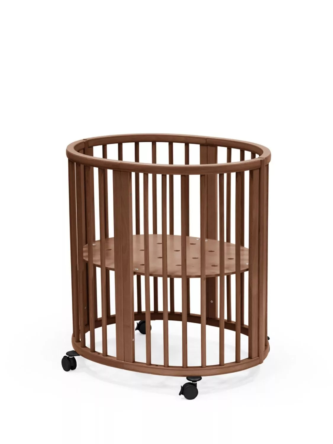 Oval Shaped Adjustable Height Crib with Beech Wood Frame and Wheels, Natural Finish, Grows with Child
