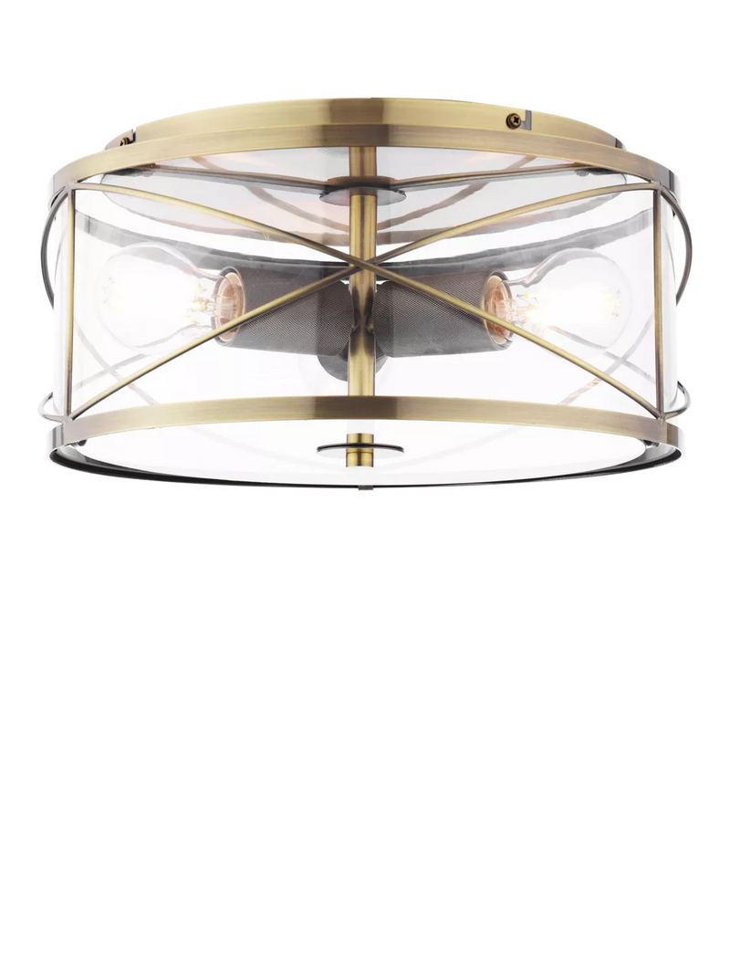 Laura Ashley Beckworth 3 light flush ceiling light in metallic brass, imported from the UK