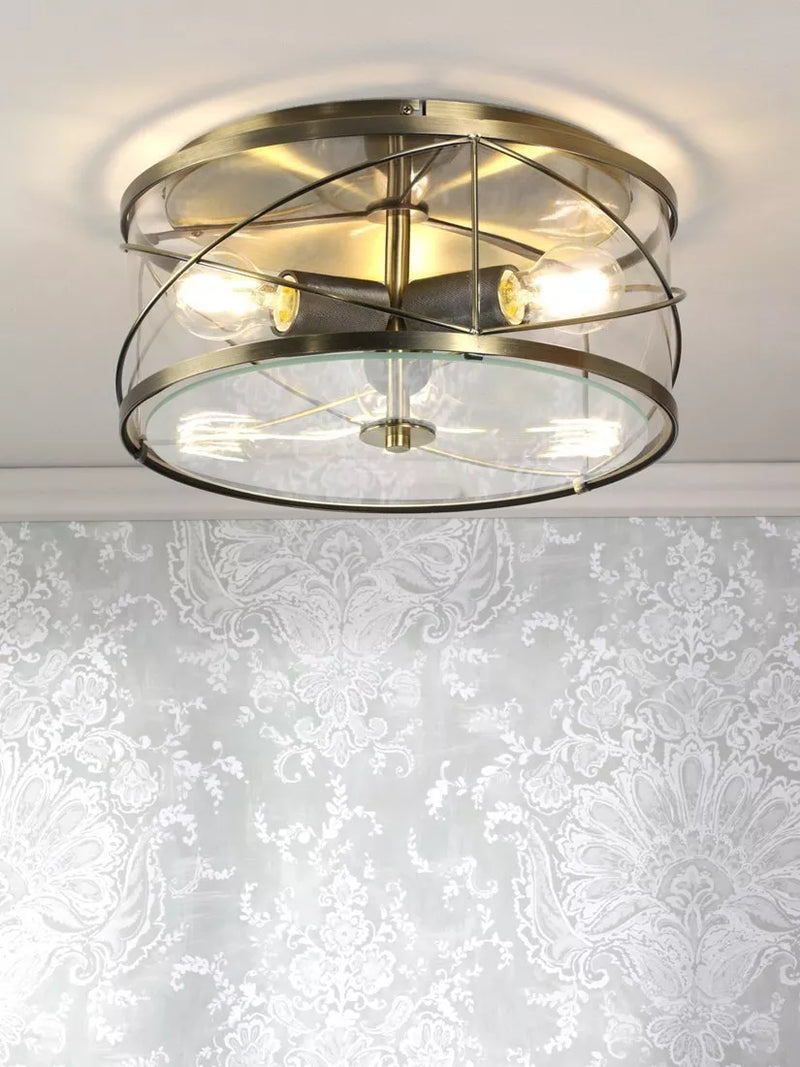 Laura Ashley Beckworth 3 light flush ceiling light in metallic brass, imported from the UK