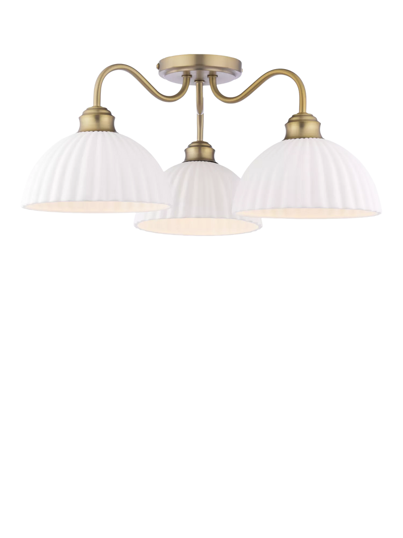 Laura Ashley Durford 3 arm semi-flush ceiling light in metallic bronze, imported from the UK