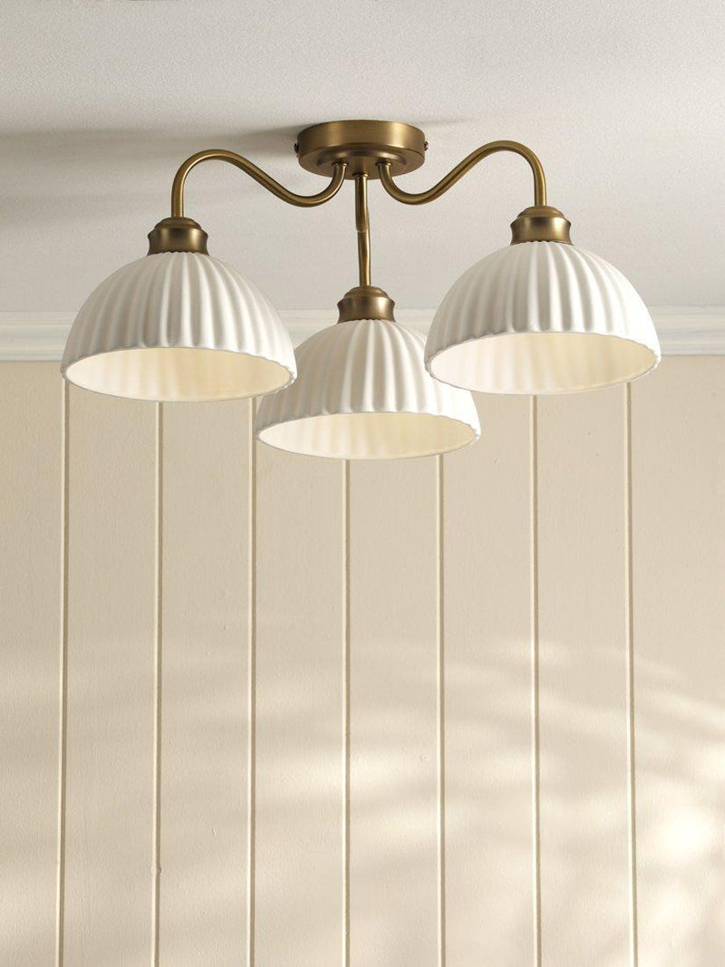 Laura Ashley Durford 3 arm semi-flush ceiling light in metallic bronze, imported from the UK