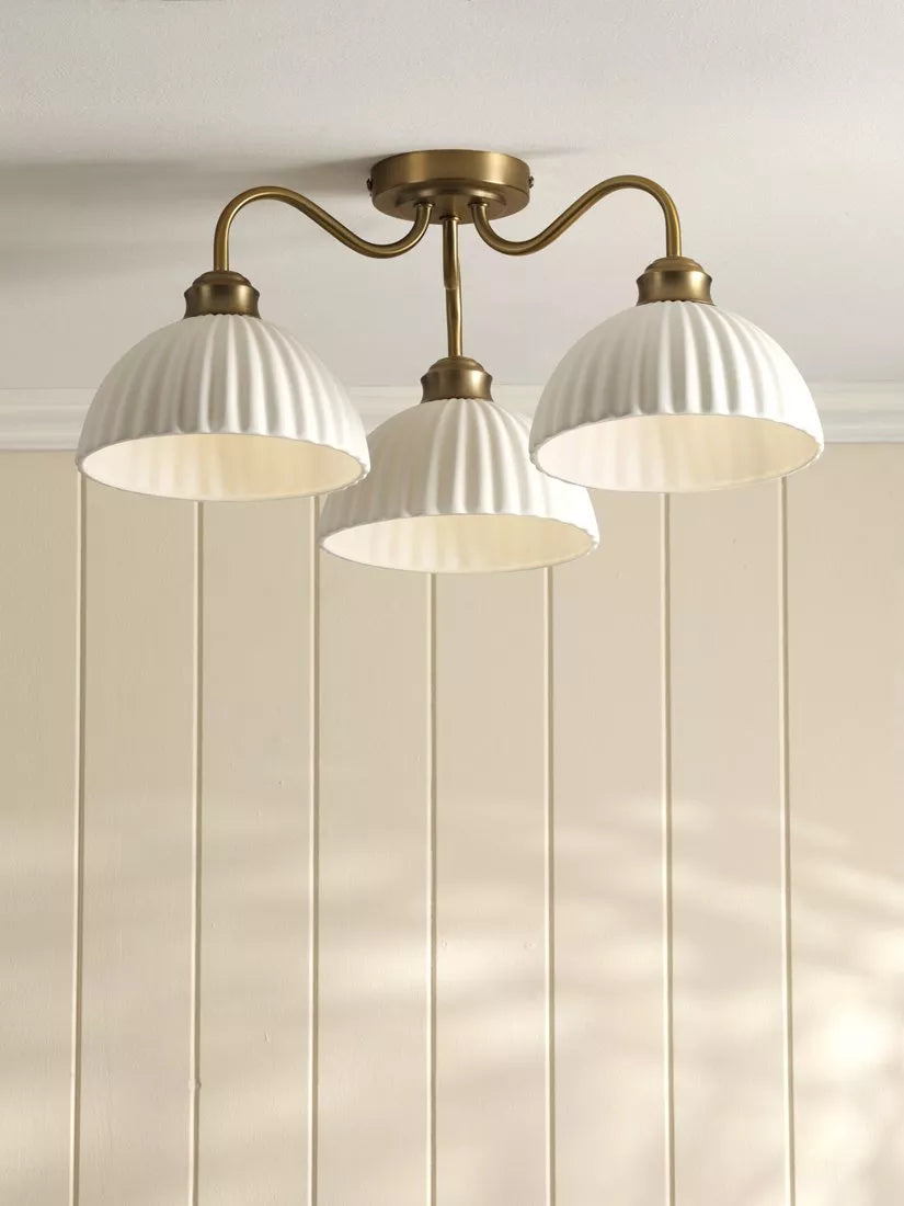 Laura Ashley Durford 3 arm semi-flush ceiling light in metallic bronze, imported from the UK