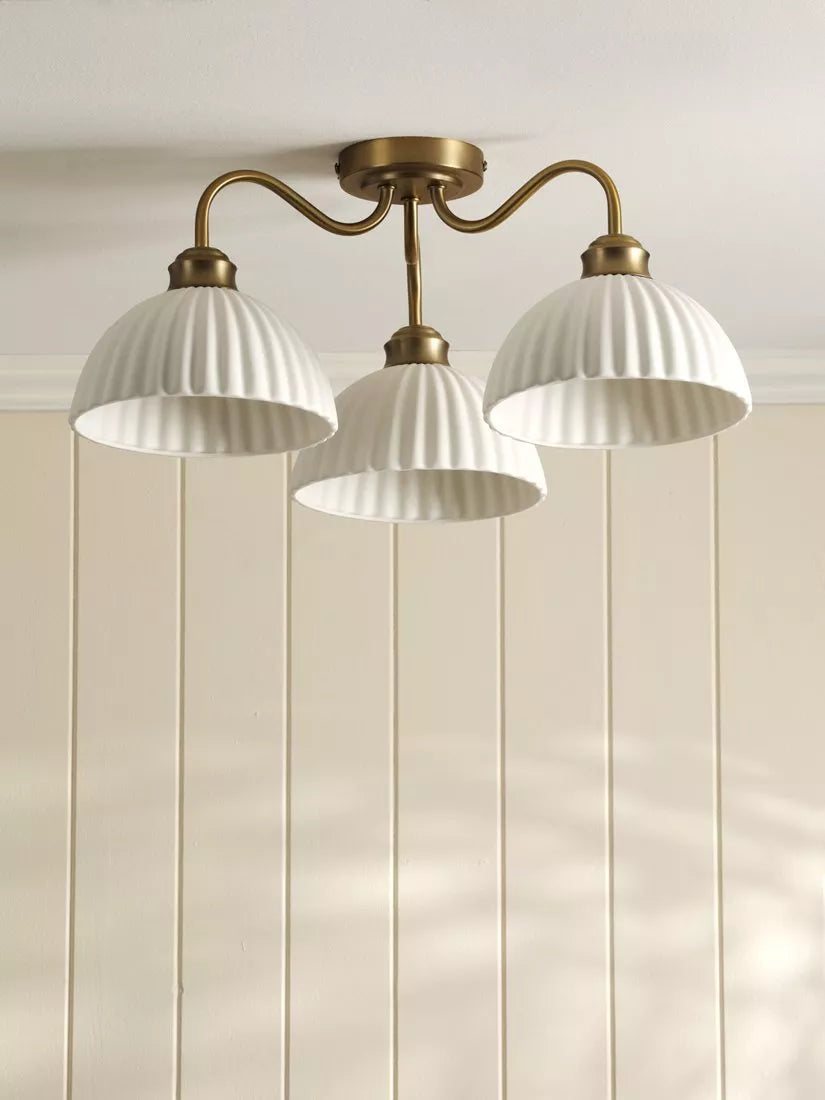Laura Ashley Durford 3 arm semi-flush ceiling light in metallic bronze, imported from the UK