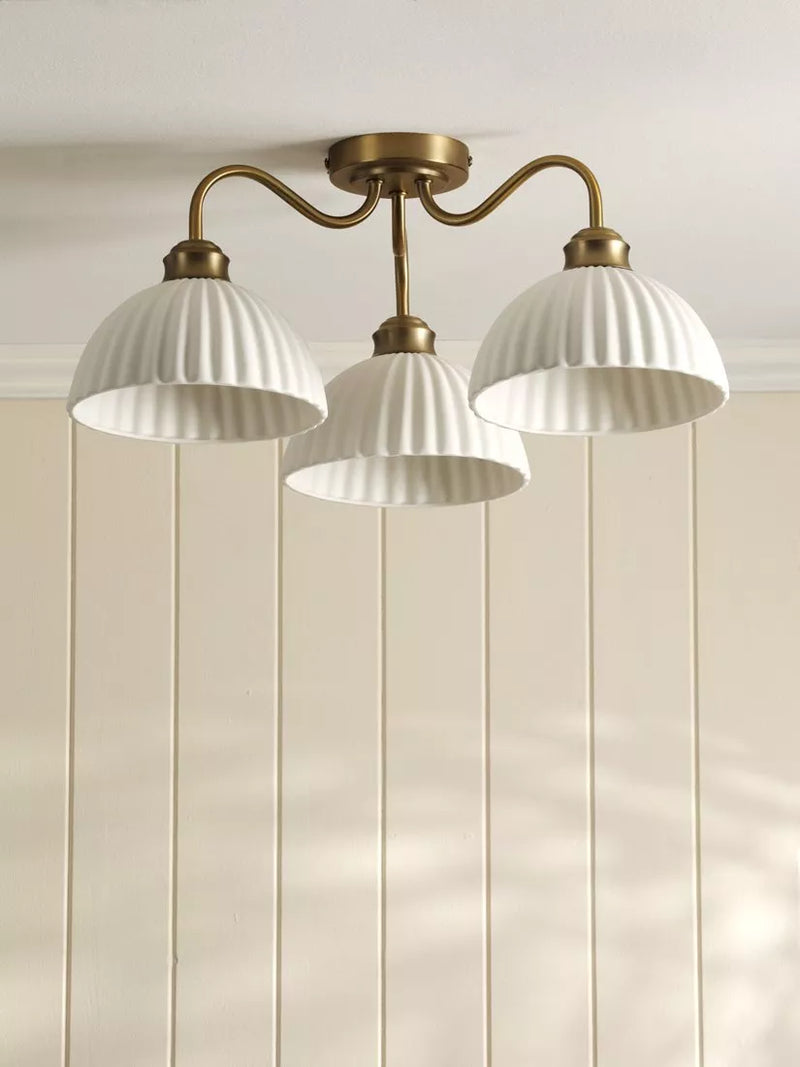 Laura Ashley Durford 3 arm semi-flush ceiling light in metallic bronze, imported from the UK