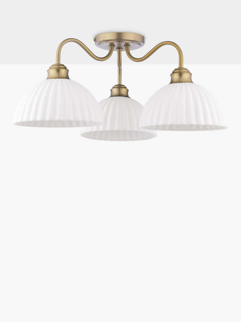 Laura Ashley Durford 3 arm semi-flush ceiling light in metallic bronze, imported from the UK