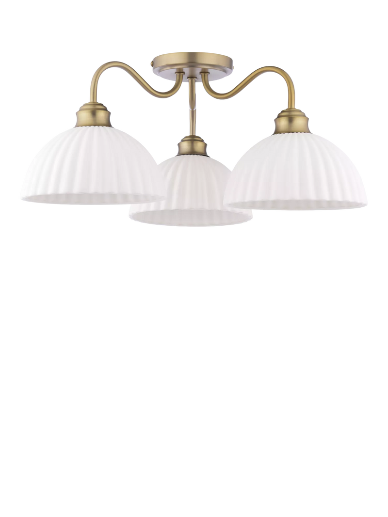 Laura Ashley Durford 3 arm semi-flush ceiling light in metallic bronze, imported from the UK