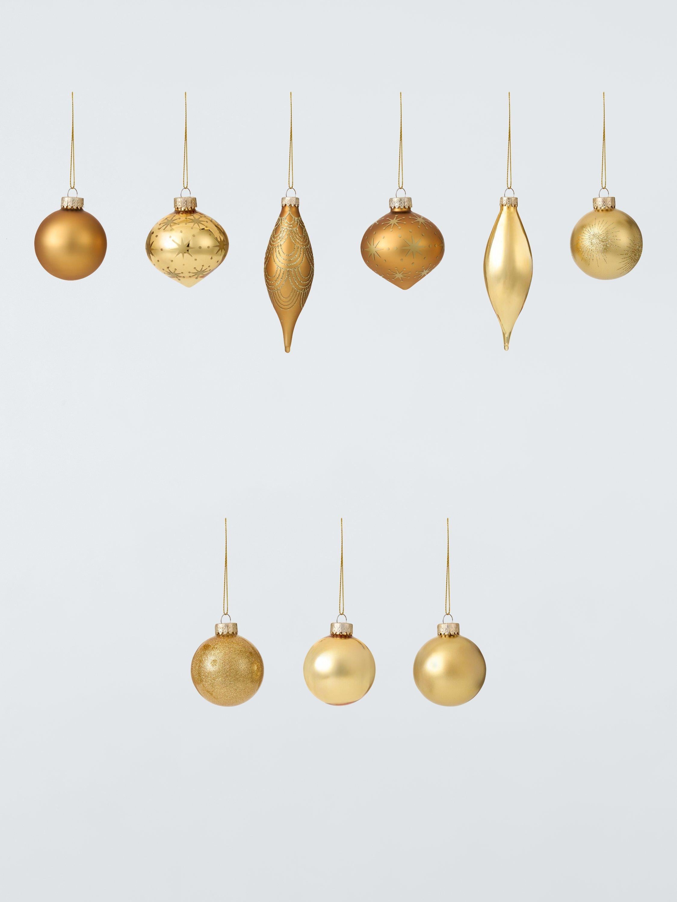 Gold Glass Christmas Baubles Set of 20 with Assorted Shapes
