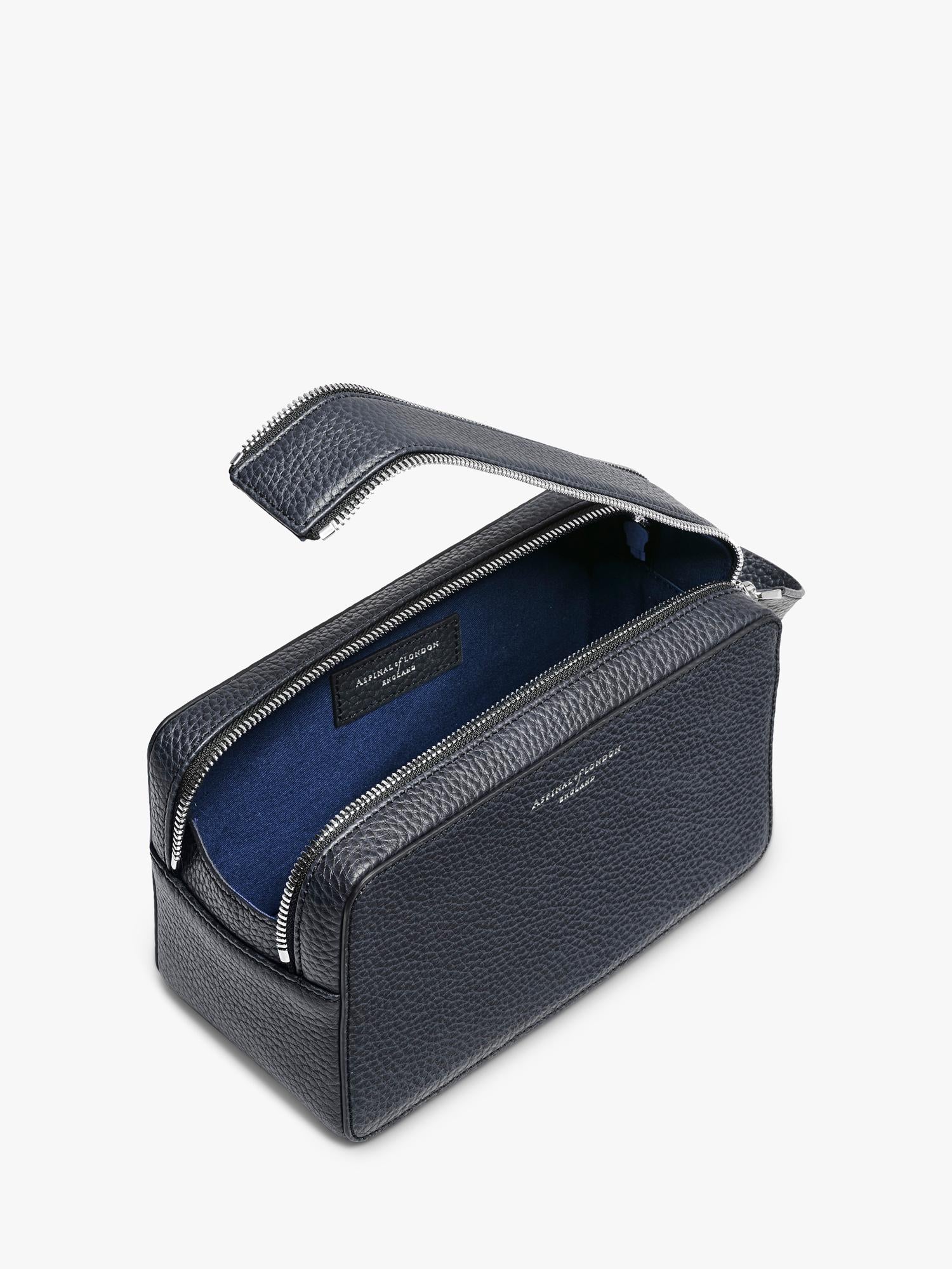 Aspinal of London Mount Street wash bag in navy leather (British brand)