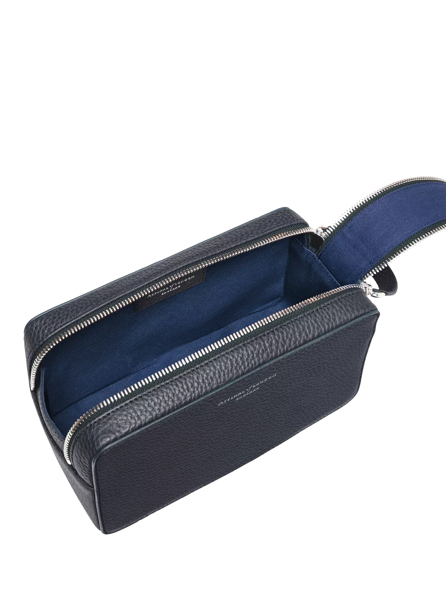 Aspinal of London Mount Street wash bag in navy leather (British brand)