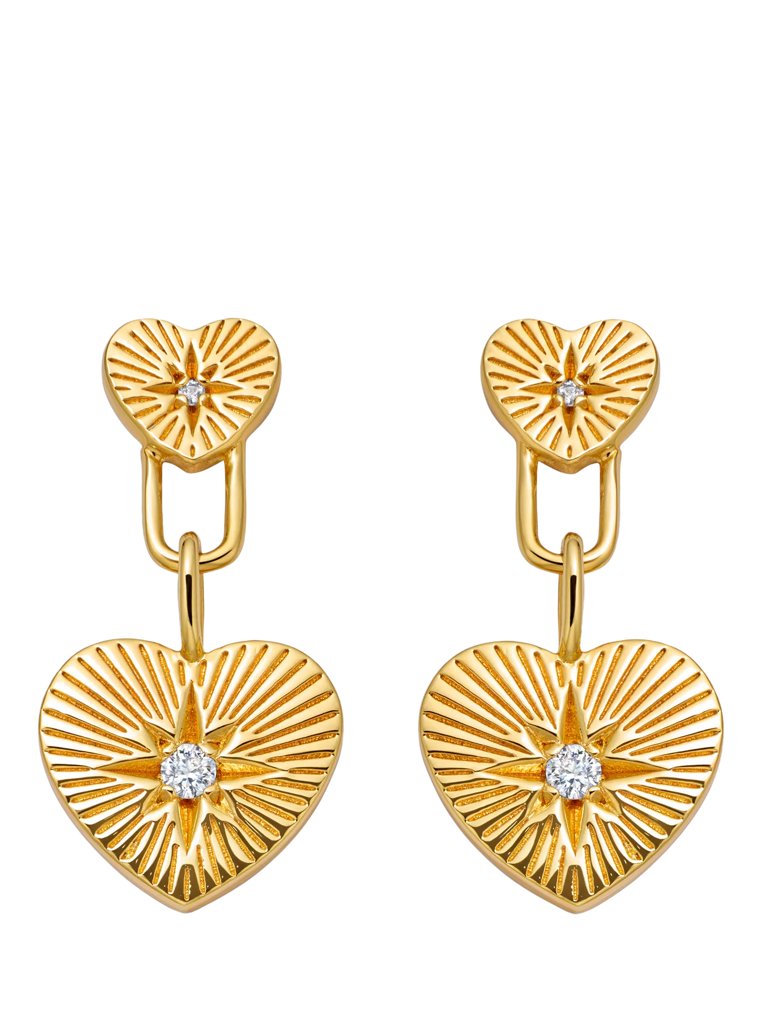 Astley Clarke double heart drop earrings in gold, imported from the UK