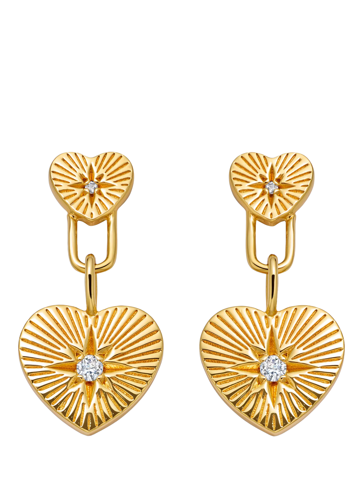 Astley Clarke double heart drop earrings in gold, imported from the UK