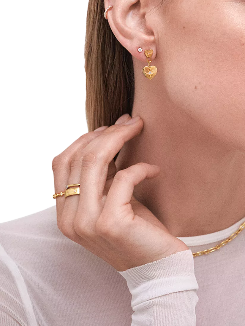 Astley Clarke double heart drop earrings in gold, imported from the UK