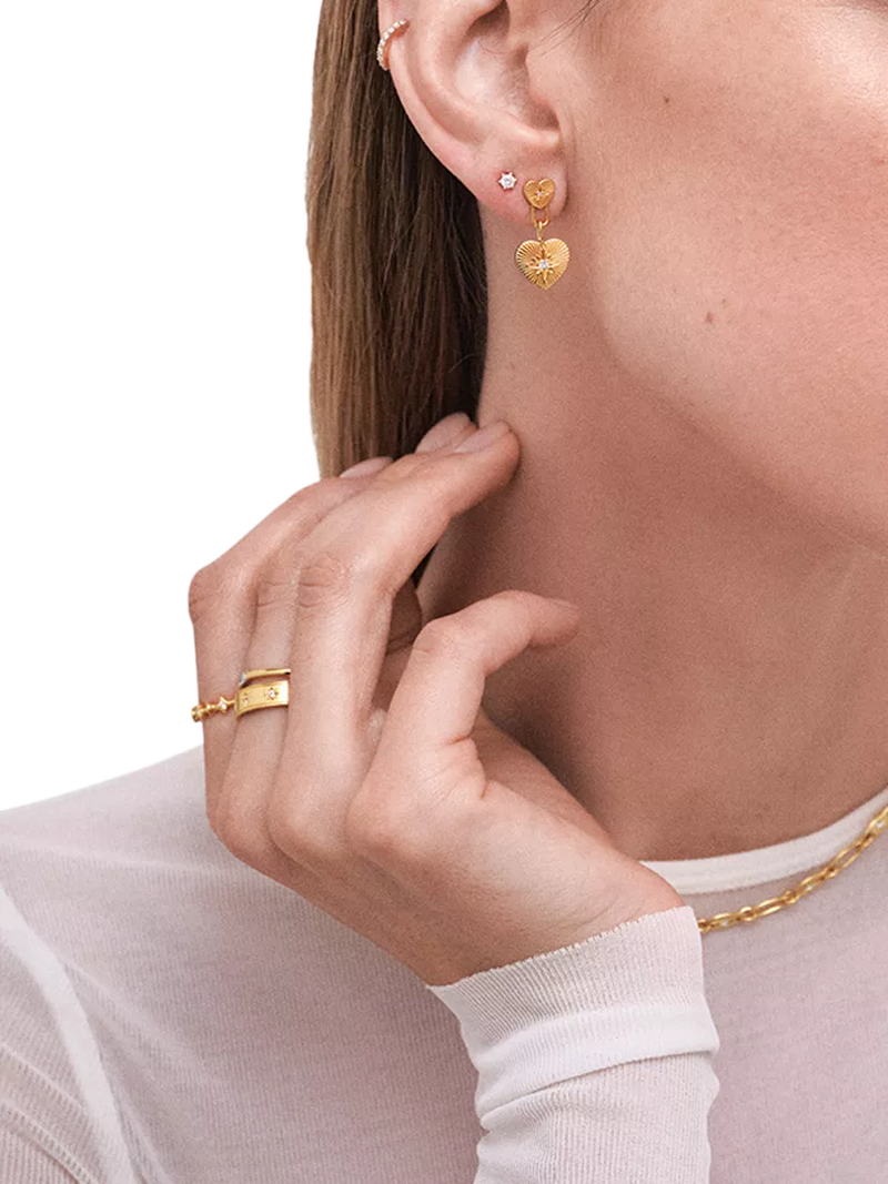 Astley Clarke double heart drop earrings in gold, imported from the UK
