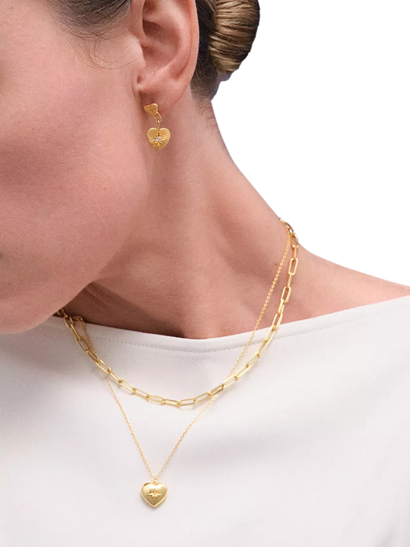 Astley Clarke double heart drop earrings in gold, imported from the UK