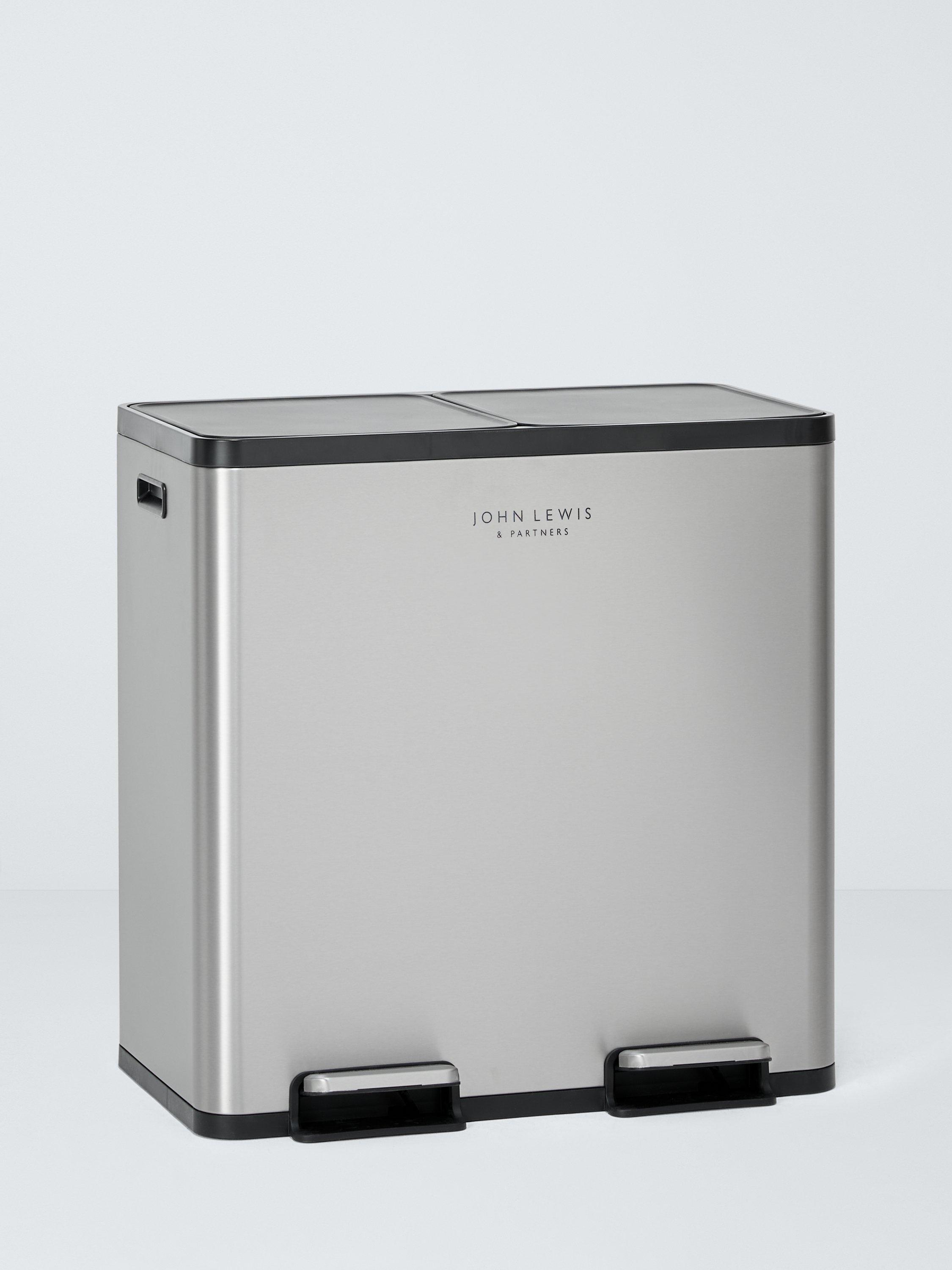 John Lewis two-section recycling bin with handles, 80 litre, brushed stainless steel, UK version