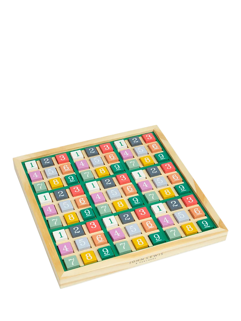 John Lewis kids' wooden Sudoku puzzle game with colorful blocks, imported from the UK