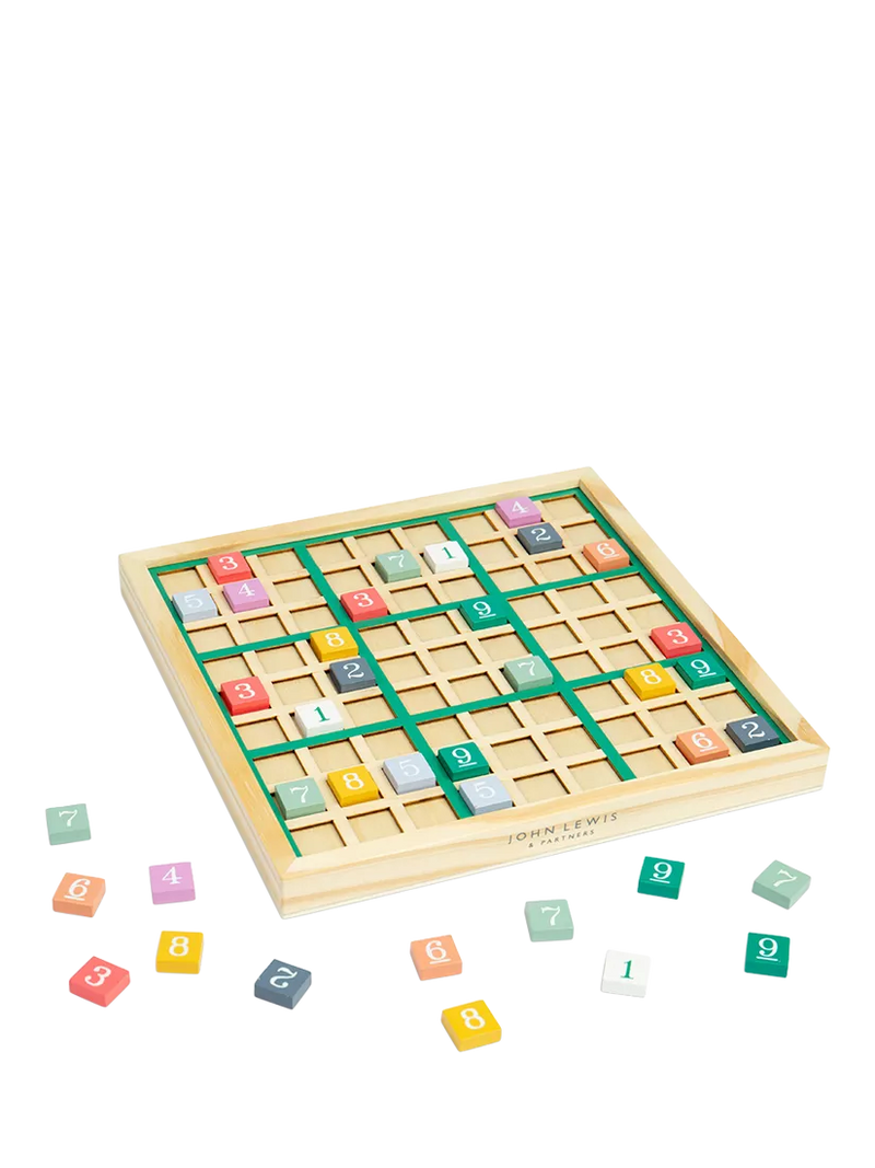 John Lewis kids' wooden Sudoku puzzle game with colorful blocks, imported from the UK