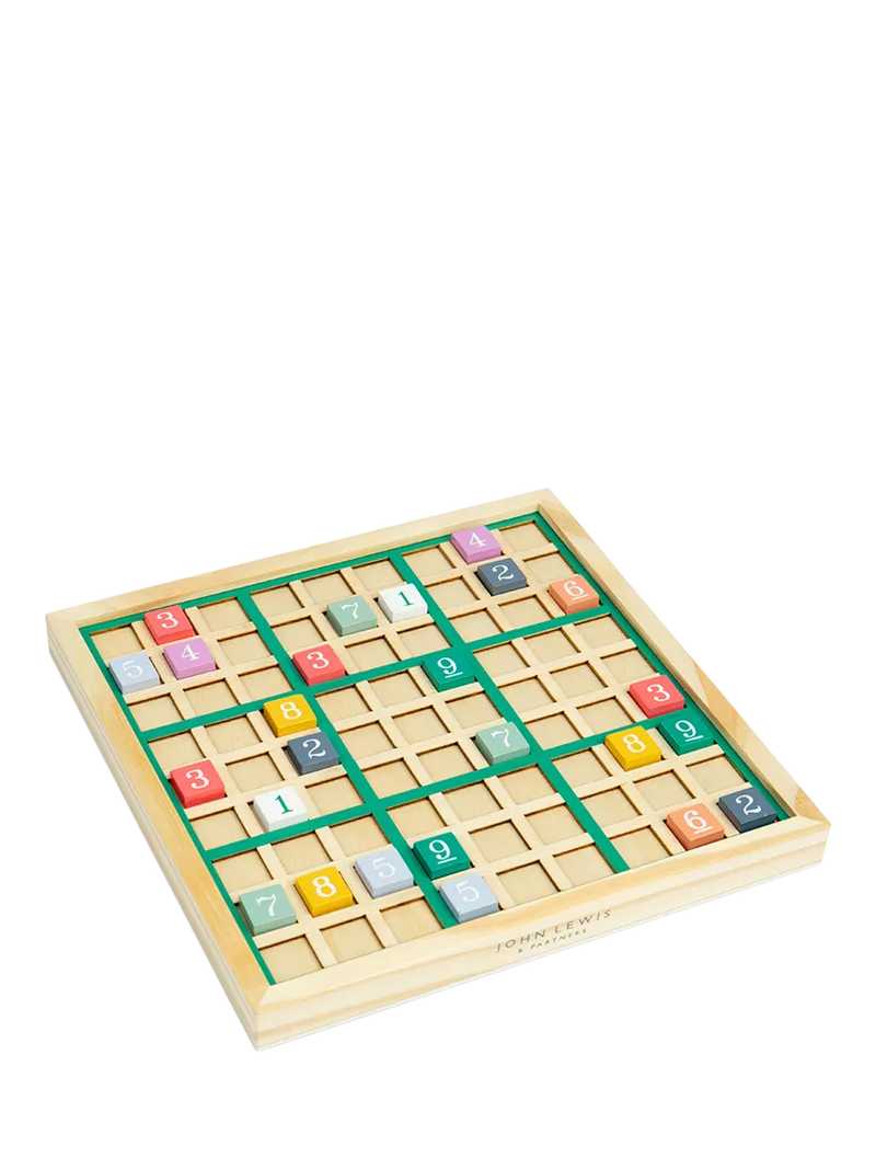 John Lewis kids' wooden Sudoku puzzle game with colorful blocks, imported from the UK