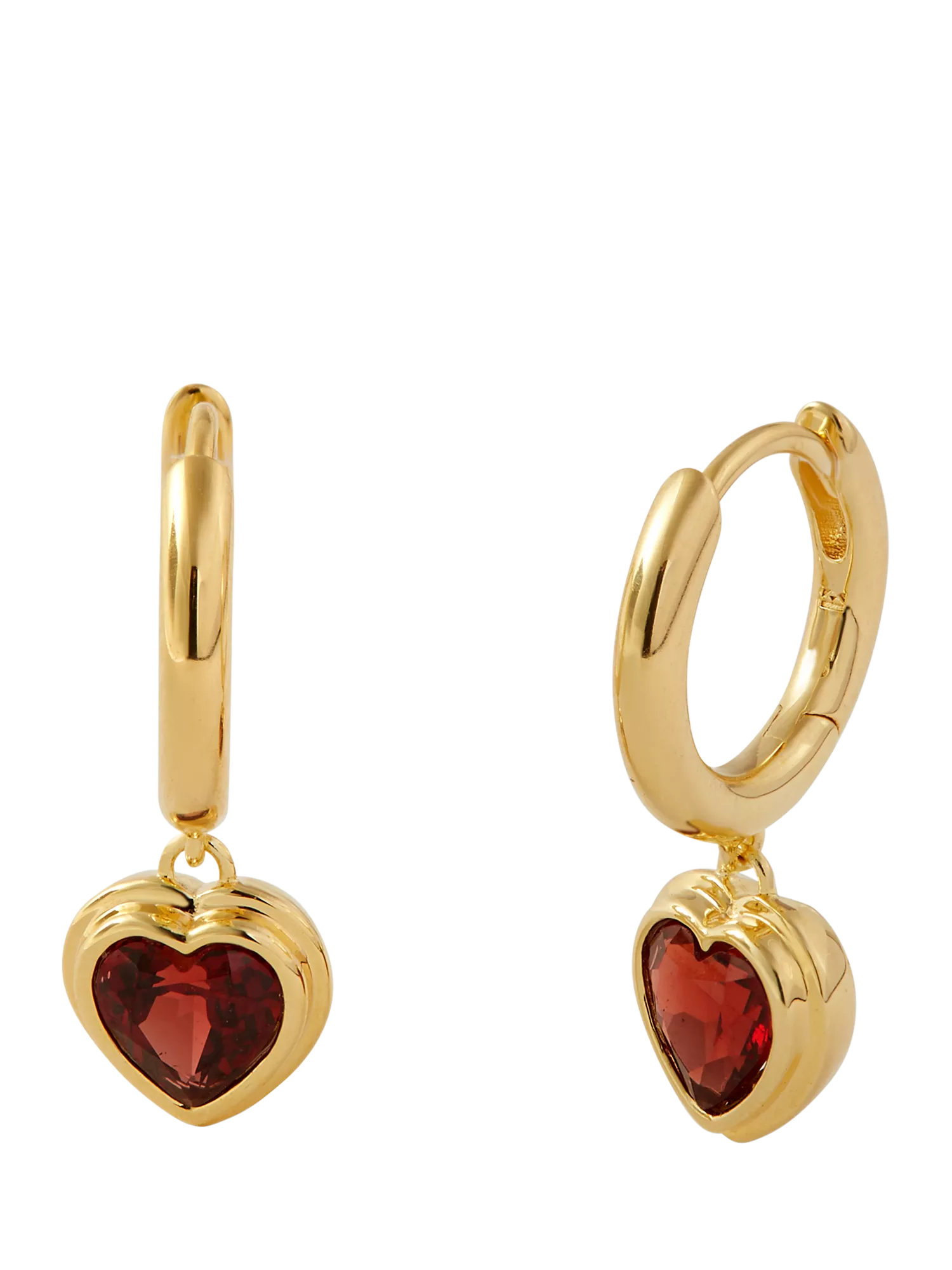 Edge of Ember gold plated garnet heart hoop earrings (British brand)
