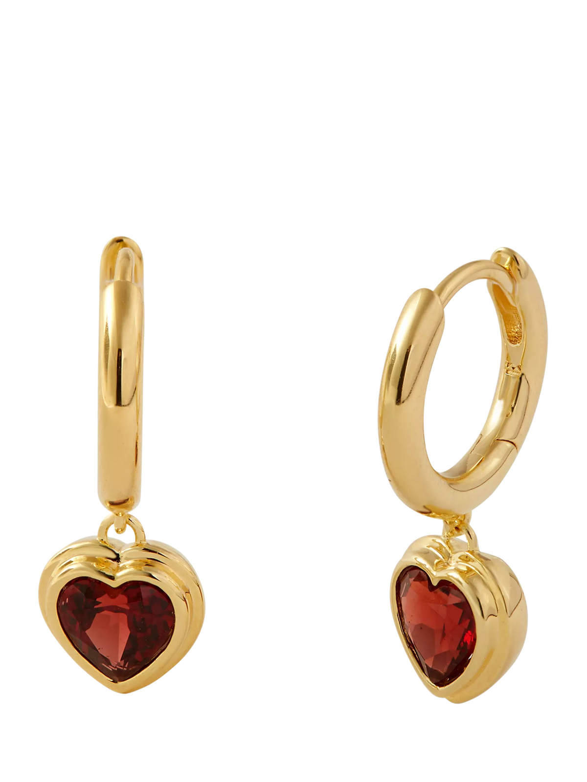 Edge of Ember gold plated garnet heart hoop earrings (British brand)