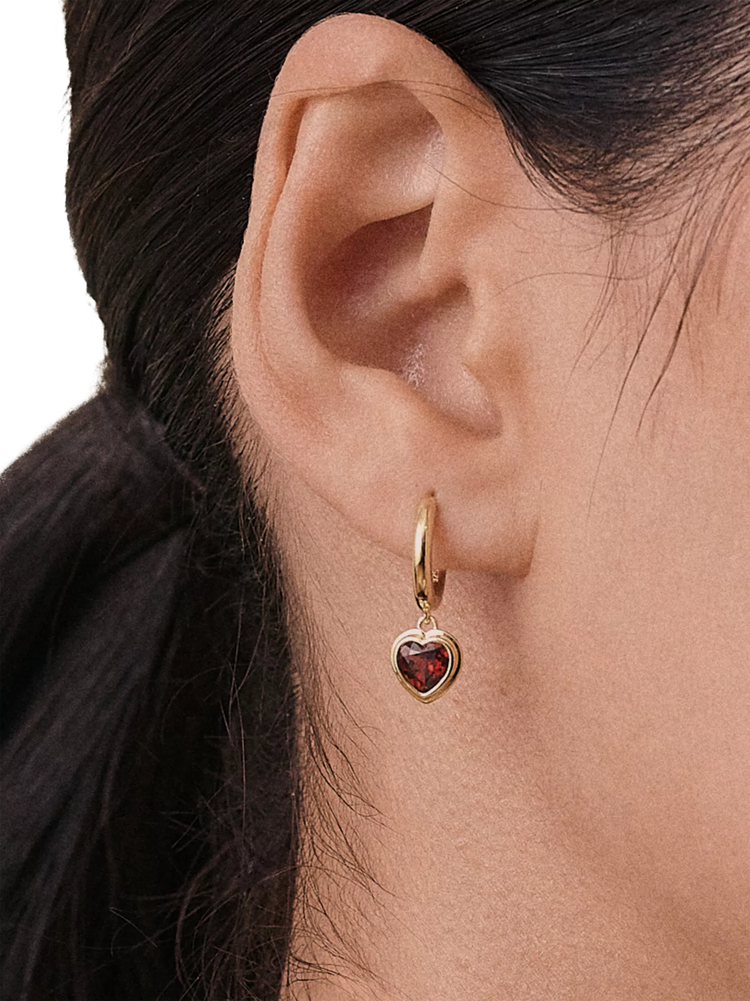 Edge of Ember gold plated garnet heart hoop earrings (British brand)